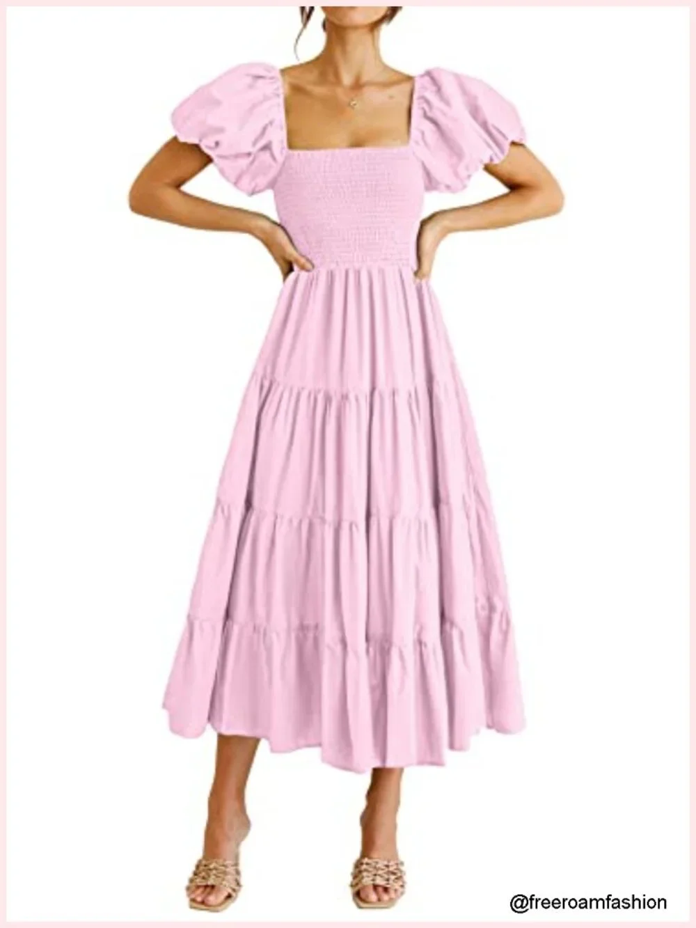 Casual Summer Midi Dress Puffy Short Sleeve Square Neck Smocked Tiered Ruffle